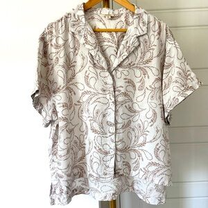 Women's Cream Brown Paisley Short Sleeve Button Down Linen Top Size XL Lagenlook